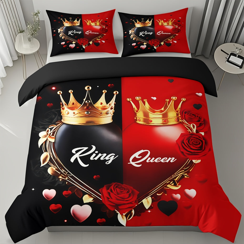 3pcs Comfortable King And Queen Theme Bedding Set, Soft High-Definition Digital Print, Cozy Romantic Black And Red Color, Perfect Gift, All-Season Use! Machine Washable (1 Duvet Cover + 2 Pillowcases, No Filling)