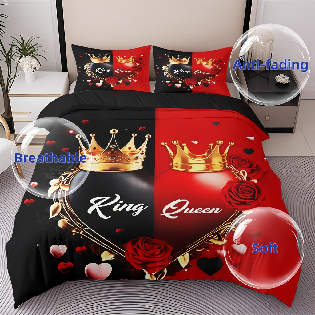 3pcs Comfortable King And Queen Theme Bedding Set, Soft High-Definition Digital Print, Cozy Romantic Black And Red Color, Perfect Gift, All-Season Use! Machine Washable (1 Duvet Cover + 2 Pillowcases, No Filling)