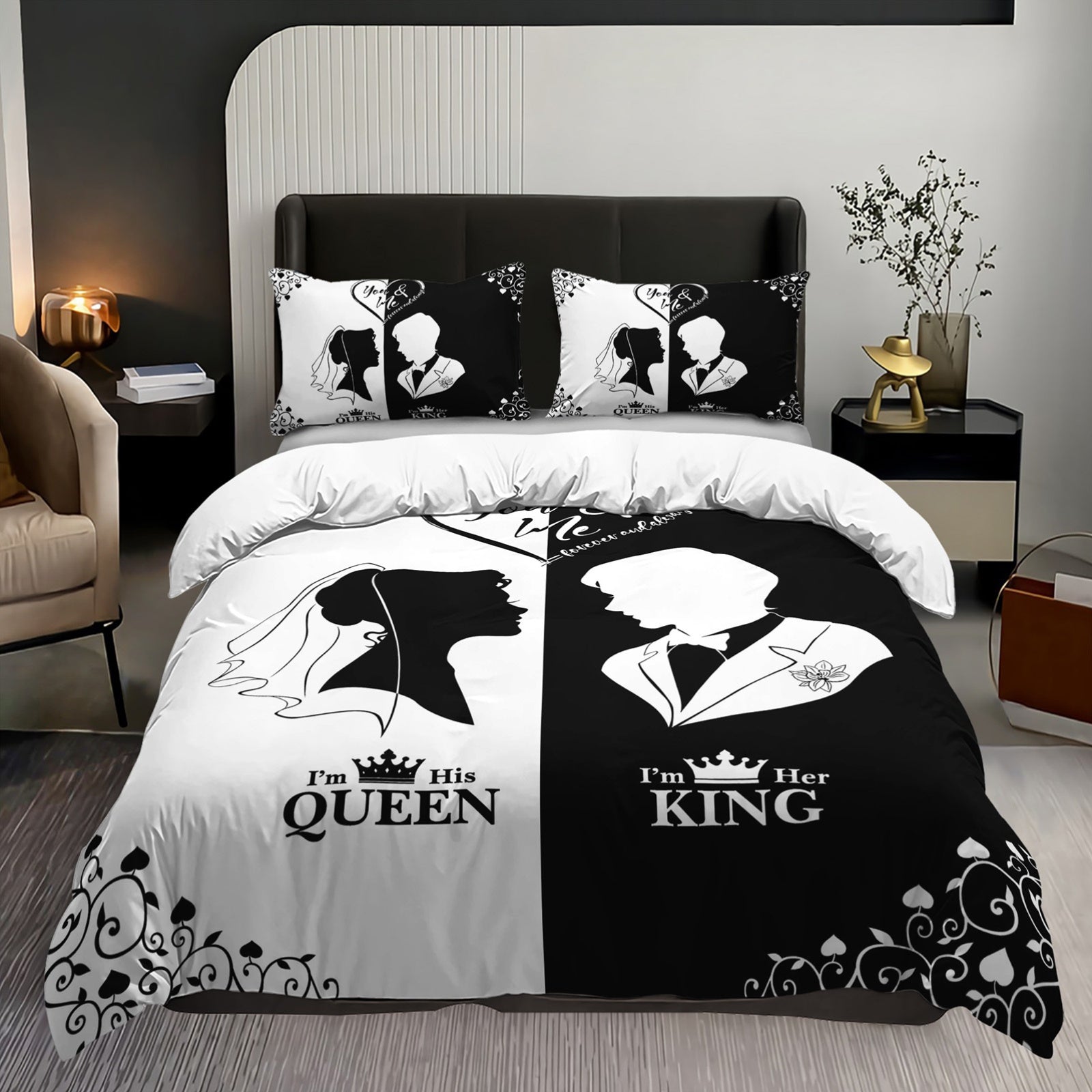 3pcs Black White Couple Silhouette Duvet Cover King Queen Bedding Set Wedding Bedroom Decor Four Seasons (1Duvet Cover + 2Pillowcase NO Comforter)