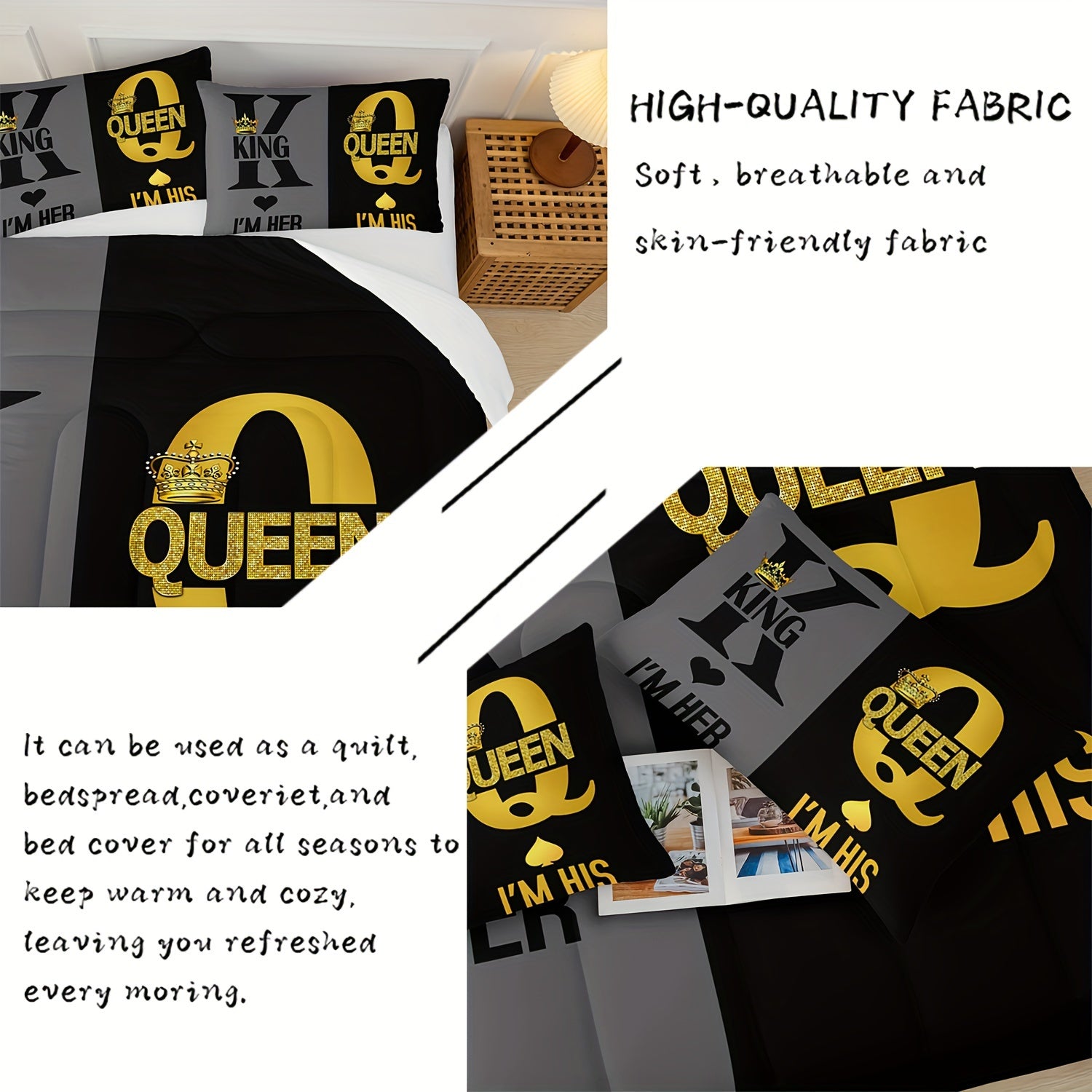 King And Queen Comforter Set Love Bedding Couple's Comforter 3-Piece Set (1 Bed Comforter + 2 Pillowcases), Black And Gold Comforter Set Four Seasons Comforter, Soft, Comfortable And Breathable Printed Bedding For Home Dorm Decoration