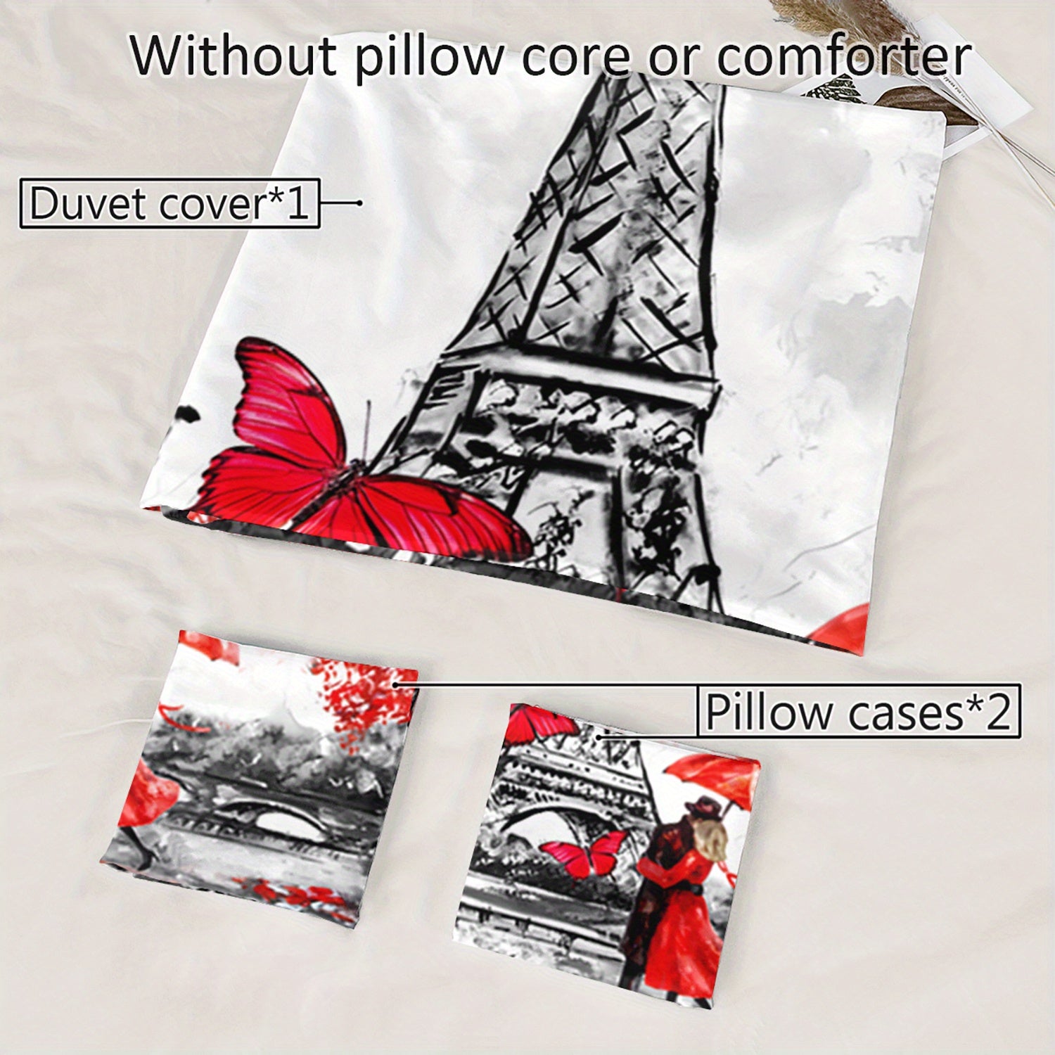 3pcs Paris Eiffel Tower Romantic Couple 3D Digital Printed Duvet Cover SetParisian Love Bedding Set for Four SeasonRed & Black Bedding for Bedroom or Guest Room DecorPolyester Comforter Cover Gift 1 Quilt Cover+2 Pillowcases