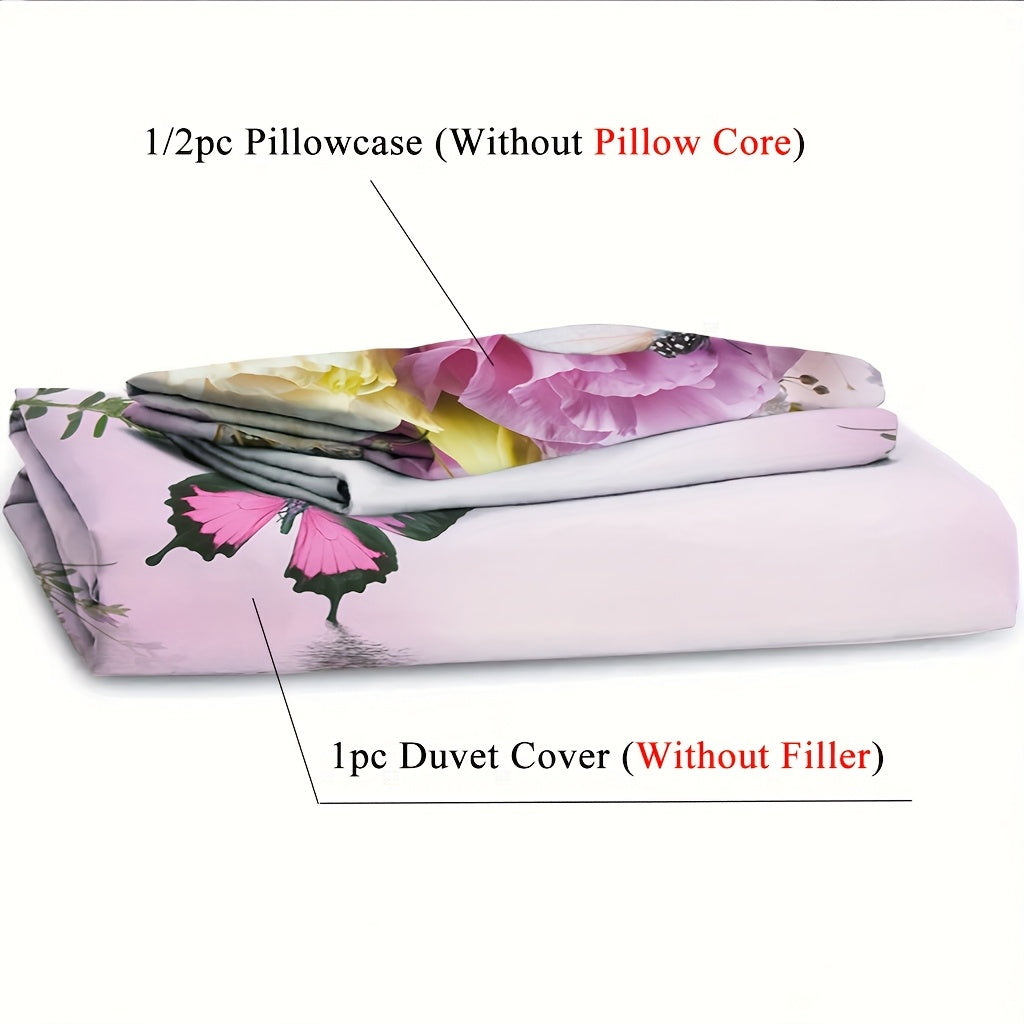 2/3pcs (1 Duvet Cover + 1/2 Pillowcase, Without Core) Pink Rose Flowers Sparkling Butterfly Green Branches and Leaves Ripple Romantic Valentine's Day Wishes for Couples 3D Print Soft Comfortable Bedding Set for Bedroom Dorm Room Family Gift