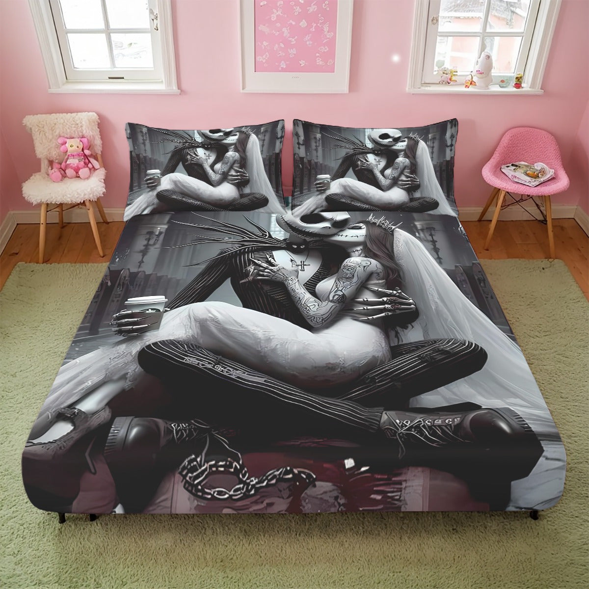 3pcs Disney Jack and Sally themed fitted sheet set for bed bedroom decor design unique art couple love story (1*Fitted Sheet+2*Pillowcase, Without Core), Suitable for Bedding Decoration Mattress Cover Set