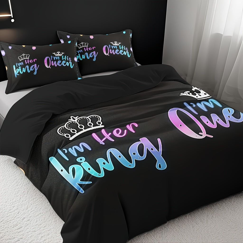 3pcs Couple Duvet Cover Set, Soft High-Definition Digital Print, Black With Colorful Text, Breathable Polyester, Perfect Gift For All Seasons, Machine Washable (1 Duvet Cover + 2 Pillowcases, No Insert)
