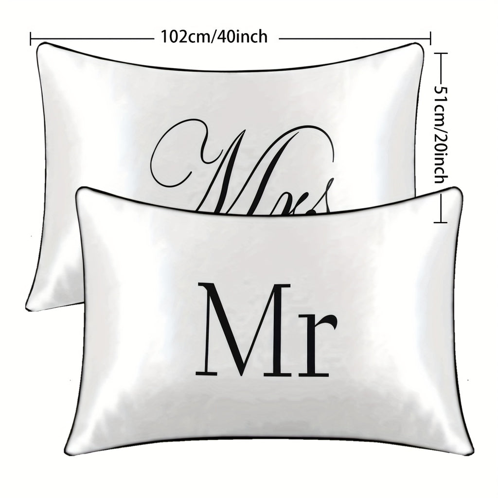 2pcs 100% Polyester Mr. And Mrs. Printed Bedroom Satin Pillowcases