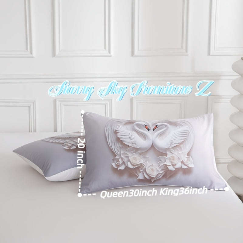 3pcs White Rose Quilt Set, 3D White Swan Lovers Love Bedding Set, Romantic Rose Print Lovers Bedding, 1 Quilt Cover And 2 Pillowcases, Romantic Love Cool And Comfortable Machine Washable