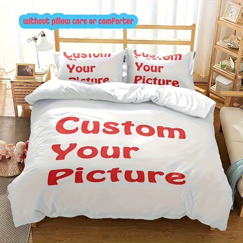 Custom 3pcs Bedding Set with Personalized Photo, Includes 1 Duvet Cover and 2 Pillowcases, Soft Breathable Polyester Down Comforter Cover and Pillowcase, Zipper Closure, Machine Washable, Suitable for Bedroom or Guest Room All-Season Comfort