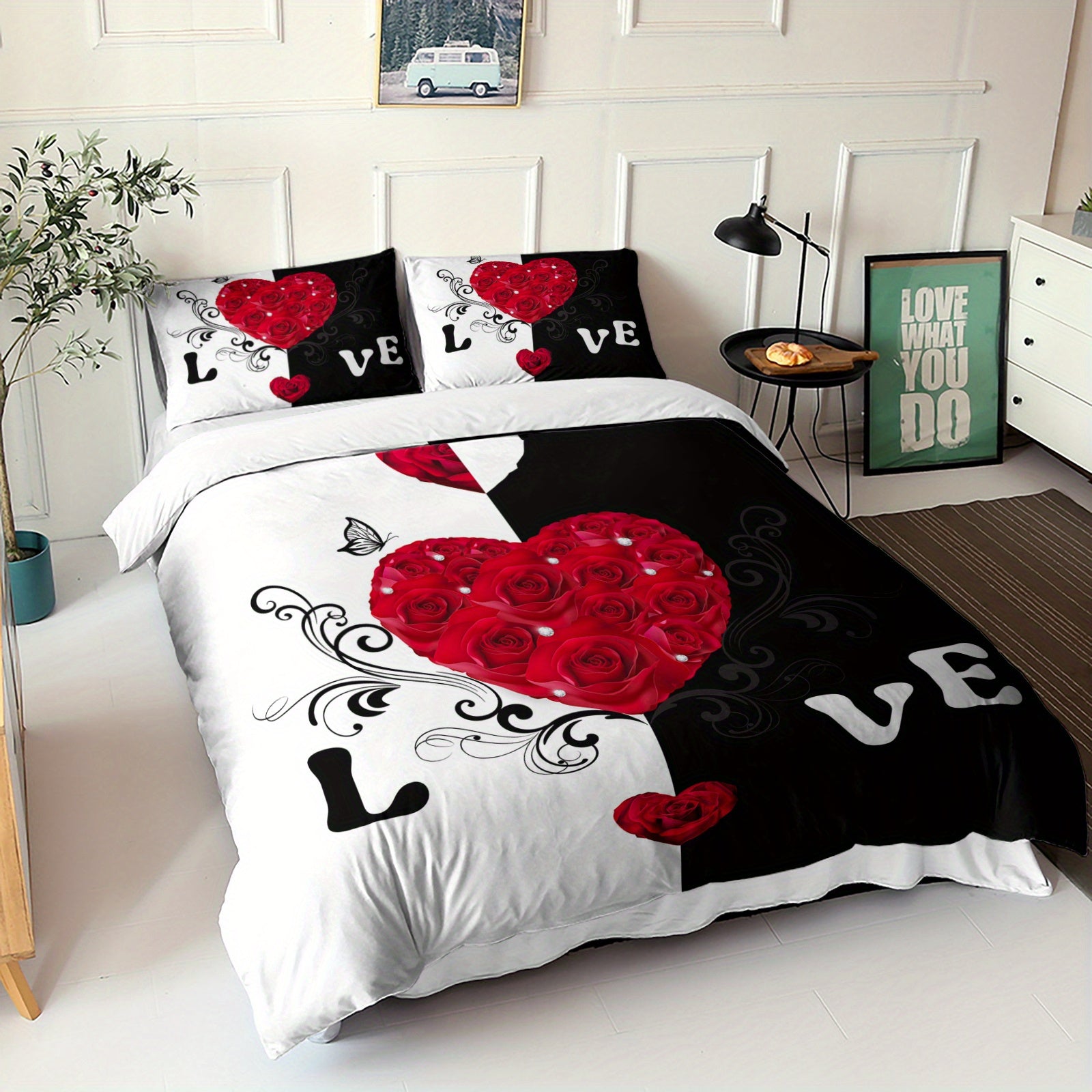 3pcs Red Roses Duvet Cover Romantic Love Bedding Set Couple Bed Set Valentine'S Day Bedroom Decor Four Seasons (1Duvet Cover + 2Pillowcase NO Comforter)