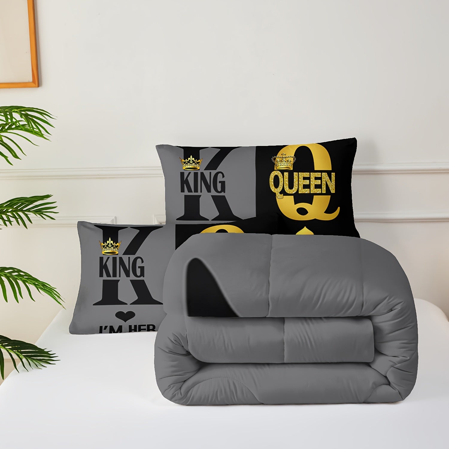 King And Queen Comforter Set Love Bedding Couple's Comforter 3-Piece Set (1 Bed Comforter + 2 Pillowcases), Black And Gold Comforter Set Four Seasons Comforter, Soft, Comfortable And Breathable Printed Bedding For Home Dorm Decoration