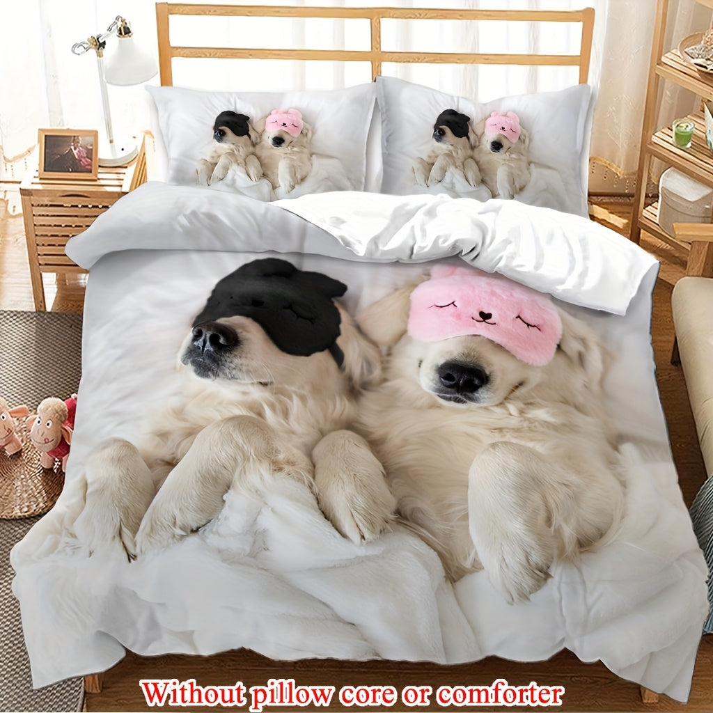 2/3pcs (1 Duvet Cover + 1/2 Pillowcase, Without Core) Couple Valentine's Day Romantic Golden Retriever Two adorable pet dogs lying on a white bed wearing eye masks funny Print Soft Comfortable Bedding Set for Bedroom Dorm Room Family Gift