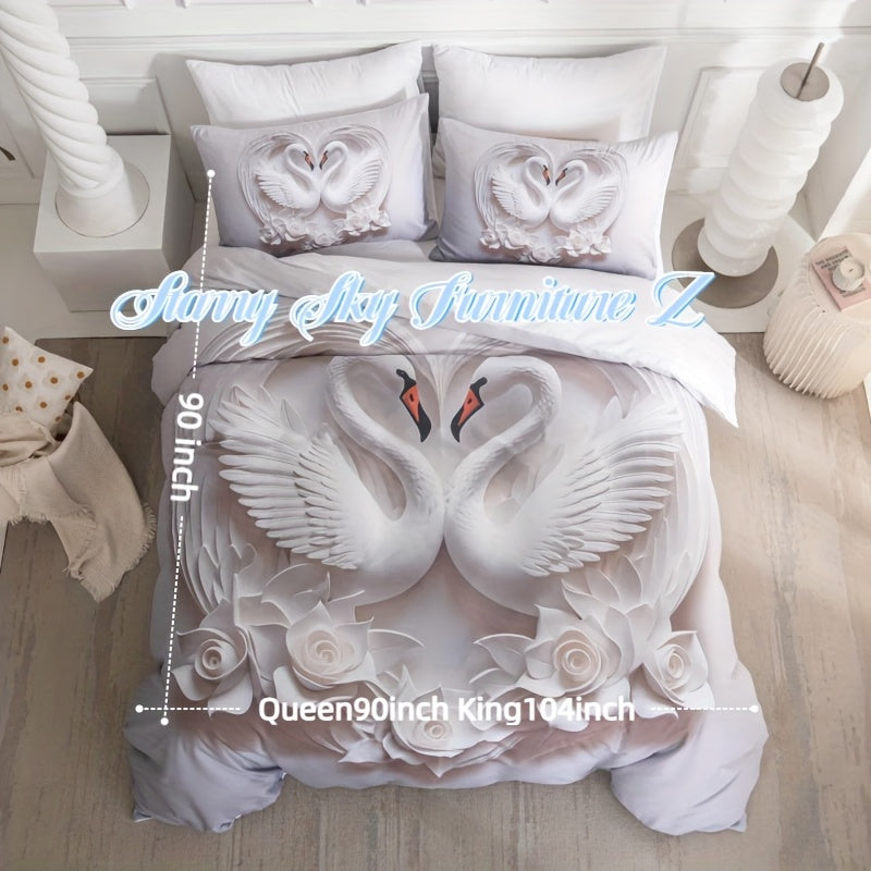3pcs White Rose Quilt Set, 3D White Swan Lovers Love Bedding Set, Romantic Rose Print Lovers Bedding, 1 Quilt Cover And 2 Pillowcases, Romantic Love Cool And Comfortable Machine Washable
