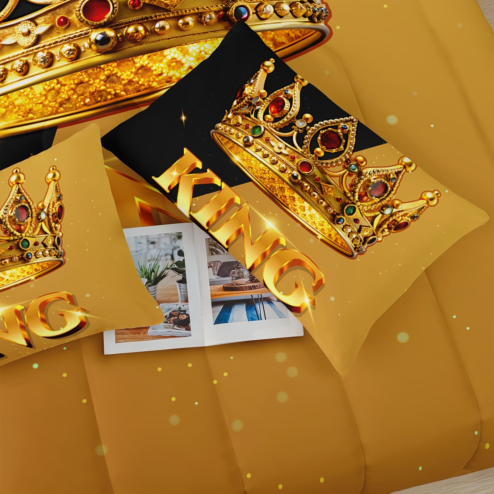 3pcs Crown Queen And King Quilt Set, His And Hers Matching Couple Bedding Set, Lover Mr Mrs Valentine'S Day Theme Black And Yellow Bedding Set, Ruby Crown Print Wedding Room Decor, 1 Comforter+2 Pillowcases (without Pillow Core)