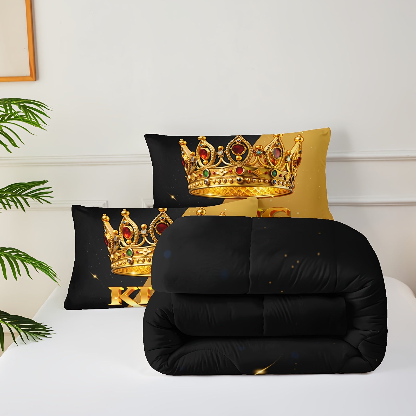 3pcs Crown Queen And King Quilt Set, His And Hers Matching Couple Bedding Set, Lover Mr Mrs Valentine'S Day Theme Black And Yellow Bedding Set, Ruby Crown Print Wedding Room Decor, 1 Comforter+2 Pillowcases (without Pillow Core)