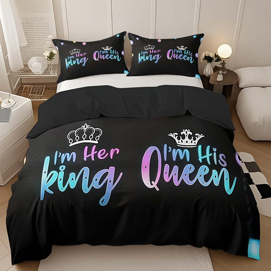 3pcs Couple Duvet Cover Set, Soft High-Definition Digital Print, Black With Colorful Text, Breathable Polyester, Perfect Gift For All Seasons, Machine Washable (1 Duvet Cover + 2 Pillowcases, No Insert)
