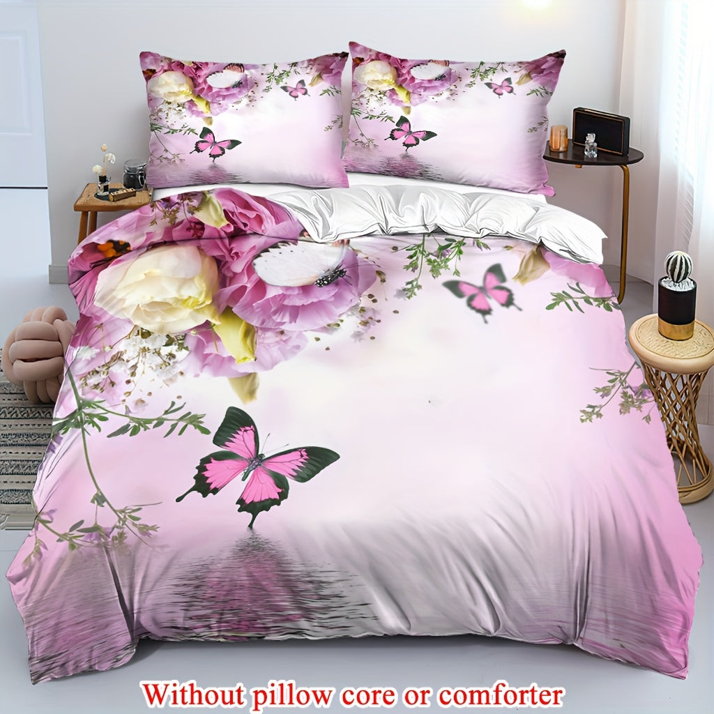 2/3pcs (1 Duvet Cover + 1/2 Pillowcase, Without Core) Pink Rose Flowers Sparkling Butterfly Green Branches and Leaves Ripple Romantic Valentine's Day Wishes for Couples 3D Print Soft Comfortable Bedding Set for Bedroom Dorm Room Family Gift