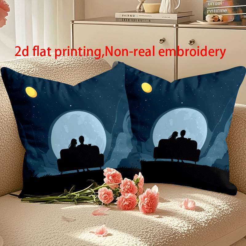 2pcs, Couple Moonlight Pillowcase, Double-Sided Print, 2D Printed Pillowcase, Soft Short Plush, Multiple Sizes, Machine Washable for Outdoor/Indoor Decoration, Bedroom, Living Room, Sofa and Bed Decor, Suitable for Daily Use/V-Day/Mother'S