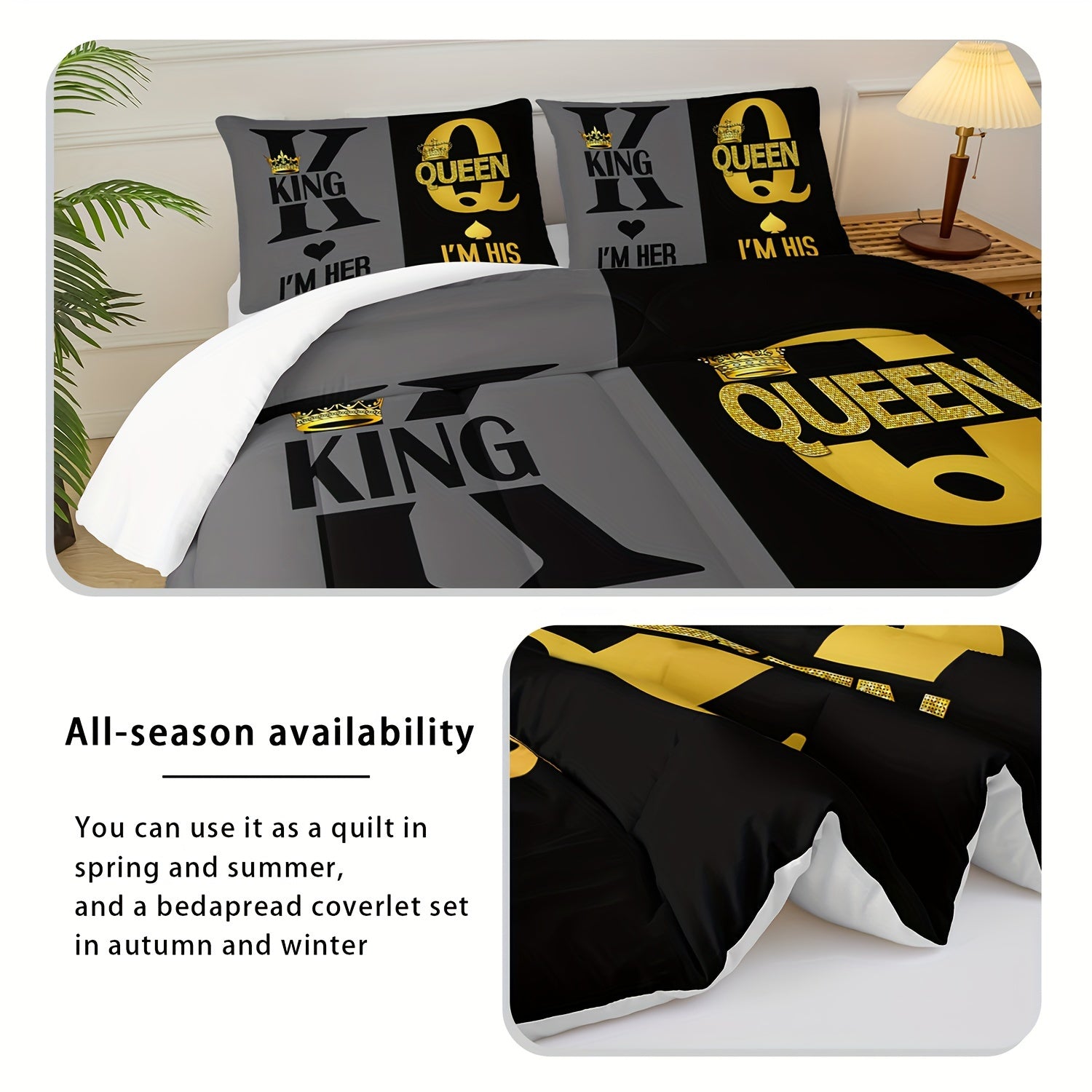 King And Queen Comforter Set Love Bedding Couple's Comforter 3-Piece Set (1 Bed Comforter + 2 Pillowcases), Black And Gold Comforter Set Four Seasons Comforter, Soft, Comfortable And Breathable Printed Bedding For Home Dorm Decoration