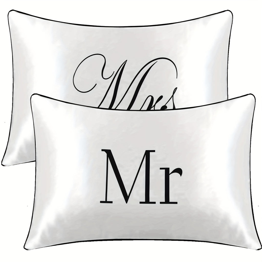 2pcs 100% Polyester Mr. And Mrs. Printed Bedroom Satin Pillowcases