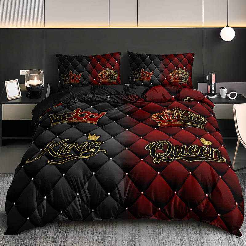 2/3pcs King and Queen Luxury Dark Red Golden Crown Bedding Set, 1 Fitted Sheet + 1/2 Pillowcases (Excluding Pillows), High-Definition Print for All Seasons, Home & Dorm Use