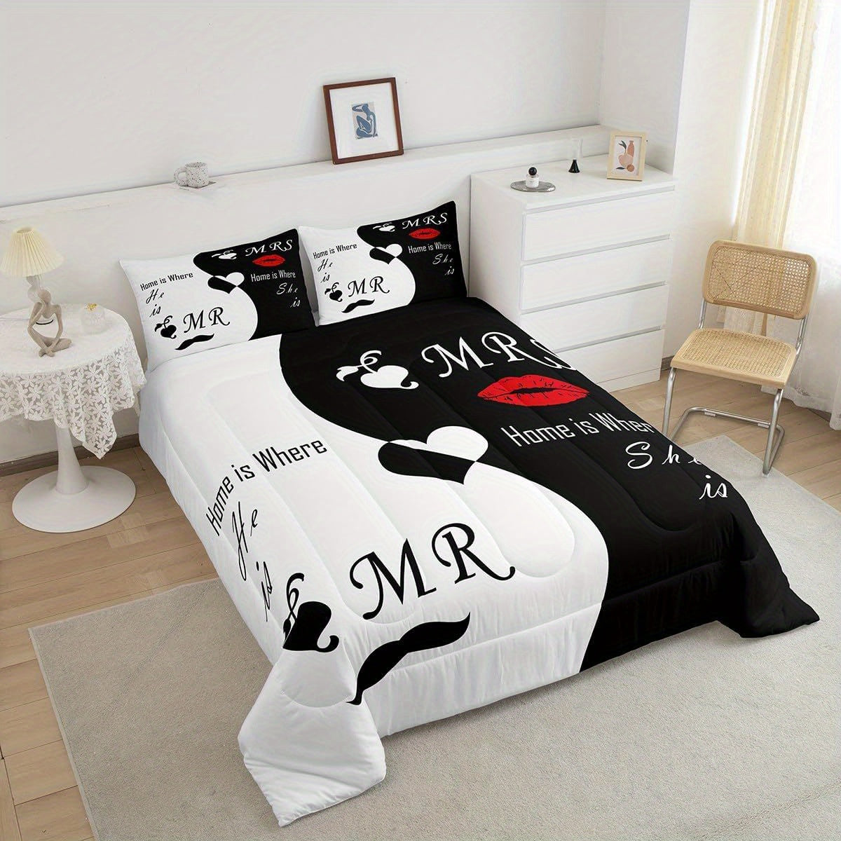 2/3pcs Valentine's Day Bedding Set, His and Hers Comforter Set for Women Men, Black White Comforter, Romantic Lover Quilt Set, with 1/2 Pillowcases, Room Decor, All Season Soft Warm, Festival Birthday Gifts Decoration Ornaments