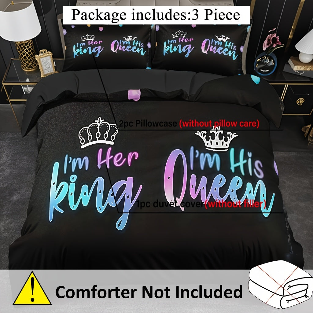 3pcs Couple Duvet Cover Set, Soft High-Definition Digital Print, Black With Colorful Text, Breathable Polyester, Perfect Gift For All Seasons, Machine Washable (1 Duvet Cover + 2 Pillowcases, No Insert)