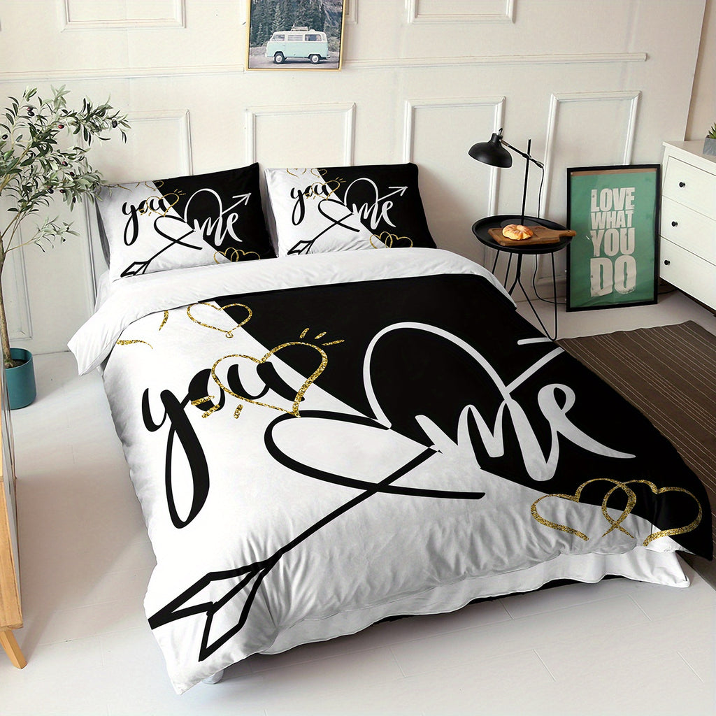 3pcs You&Me Duvet Cover Set Romantic Couples Bedding Set Black White Bedroom Decor Four Seasons (1Duvet Cover + 2Pillowcases NO Comforter)