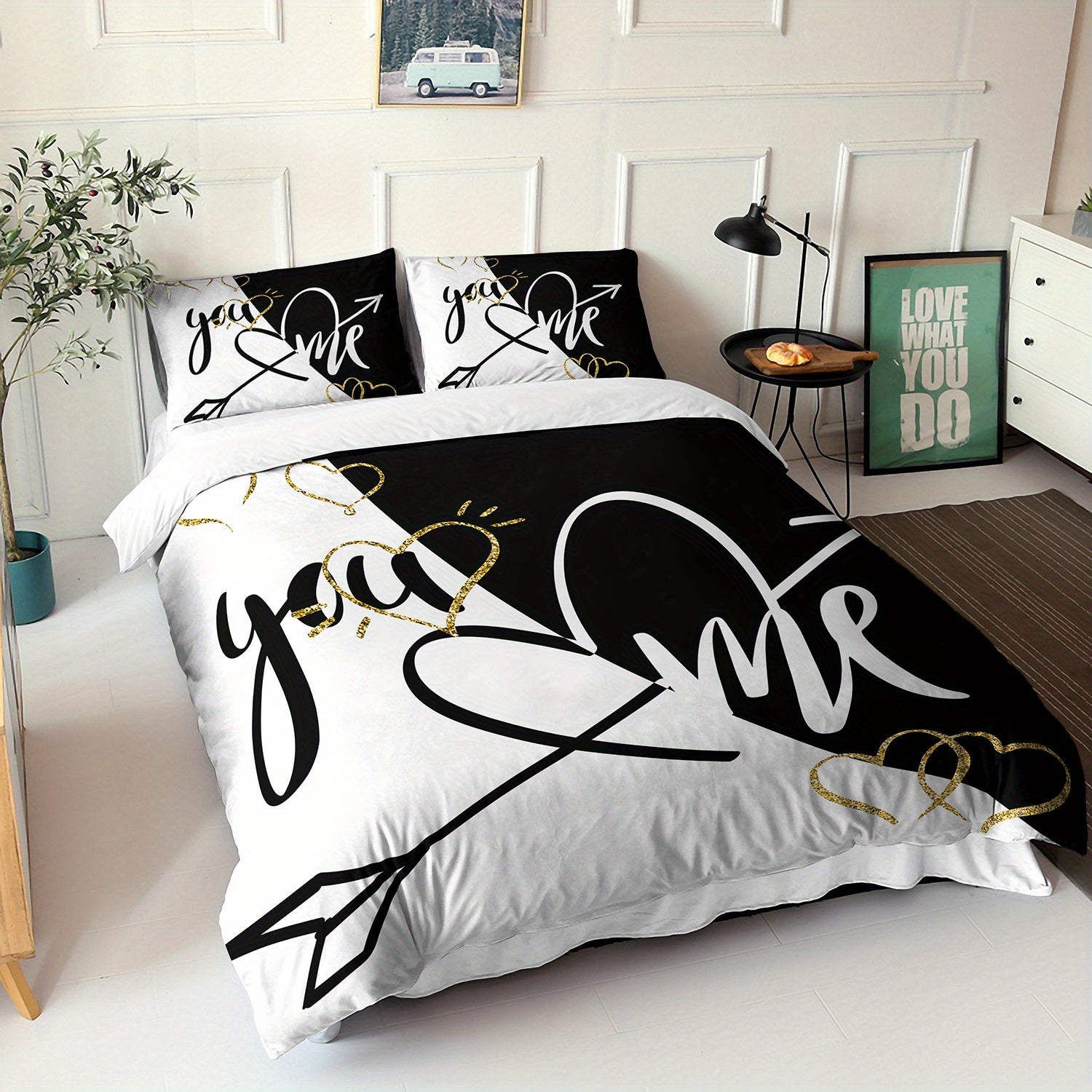 3pcs You&Me Duvet Cover Set Romantic Couples Bedding Set Black White Bedroom Decor Four Seasons (1Duvet Cover + 2Pillowcases NO Comforter)