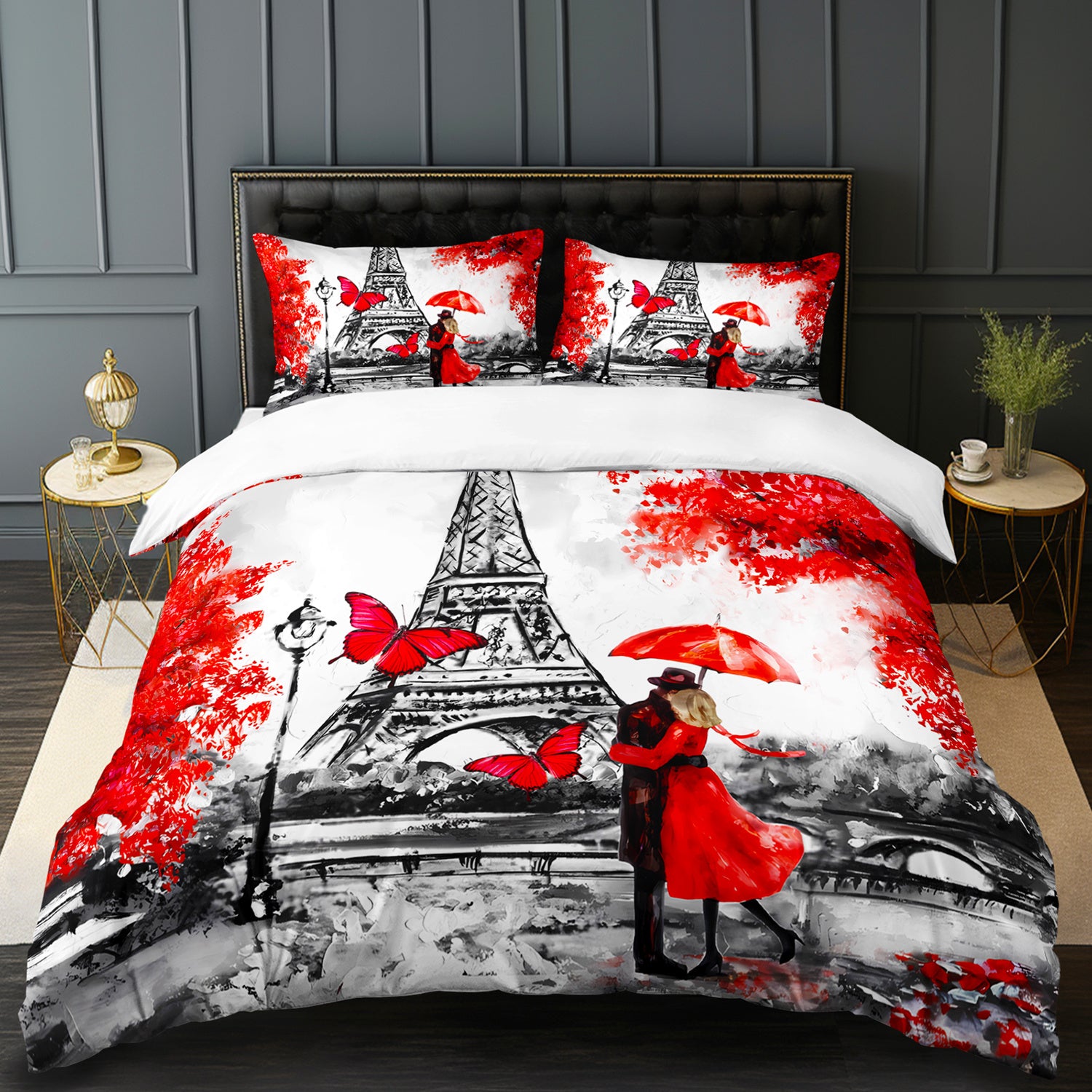3pcs Paris Eiffel Tower Romantic Couple 3D Digital Printed Duvet Cover SetParisian Love Bedding Set for Four SeasonRed & Black Bedding for Bedroom or Guest Room DecorPolyester Comforter Cover Gift 1 Quilt Cover+2 Pillowcases