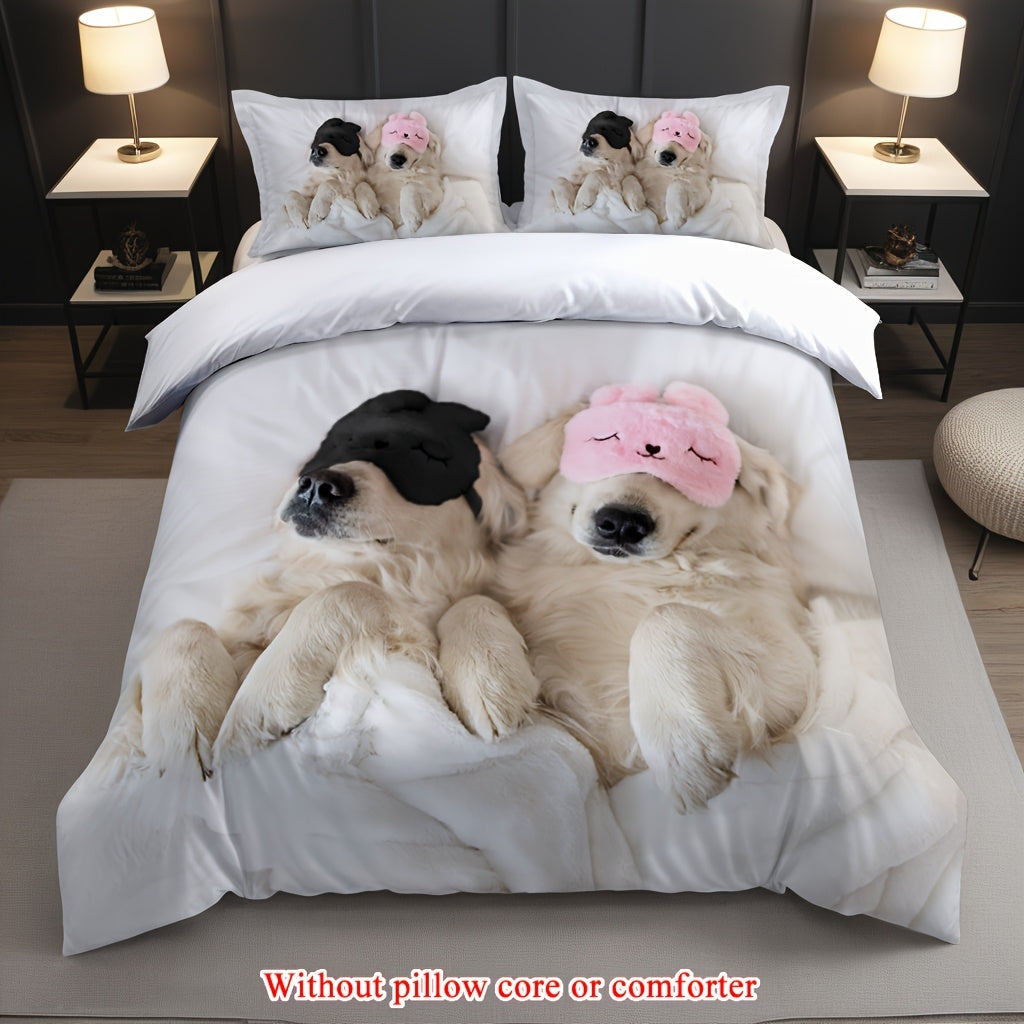 2/3pcs (1 Duvet Cover + 1/2 Pillowcase, Without Core) Couple Valentine's Day Romantic Golden Retriever Two adorable pet dogs lying on a white bed wearing eye masks funny Print Soft Comfortable Bedding Set for Bedroom Dorm Room Family Gift