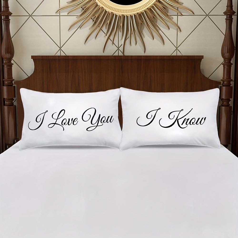 Set of 2 modern white couple pillowcases designed with "I love you" and "I know", zipper closure, suitable for many room decorations, perfect for anniversaries, long distance relationships, Valentine's Day and Christmas - single sided design