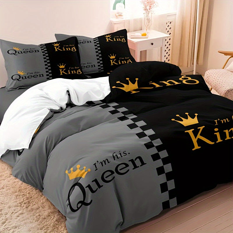 3pcs Valentine's Day Duvet Cover Set - "KING & QUEEN" Crown Design in Black & Gray, Soft & Breathable Polyester, Includes 1 Duvet Cover and 1/2 Pillowcases, Zip Closure, Machine Washable for All-Season Comfort, Couples Bedding Set|Playful Text