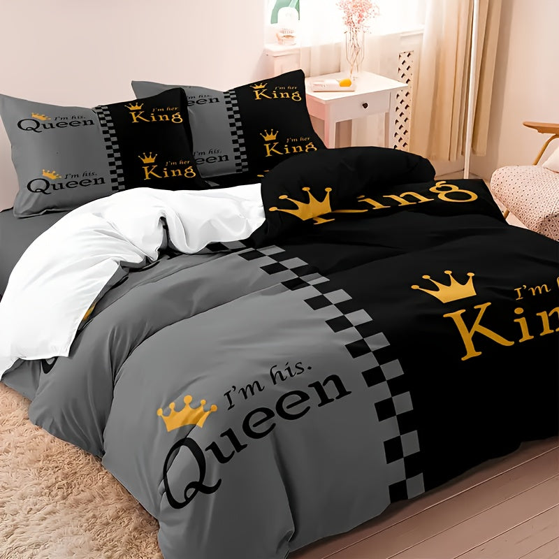 3pcs Valentine's Day Duvet Cover Set - "KING & QUEEN" Crown Design in Black & Gray, Soft & Breathable Polyester, Includes 1 Duvet Cover and 1/2 Pillowcases, Zip Closure, Machine Washable for All-Season Comfort, Couples Bedding Set|Playful Text