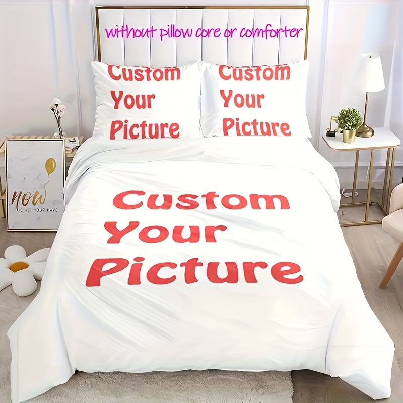Custom 3pcs Bedding Set with Personalized Photo, Includes 1 Duvet Cover and 2 Pillowcases, Soft Breathable Polyester Down Comforter Cover and Pillowcase, Zipper Closure, Machine Washable, Suitable for Bedroom or Guest Room All-Season Comfort