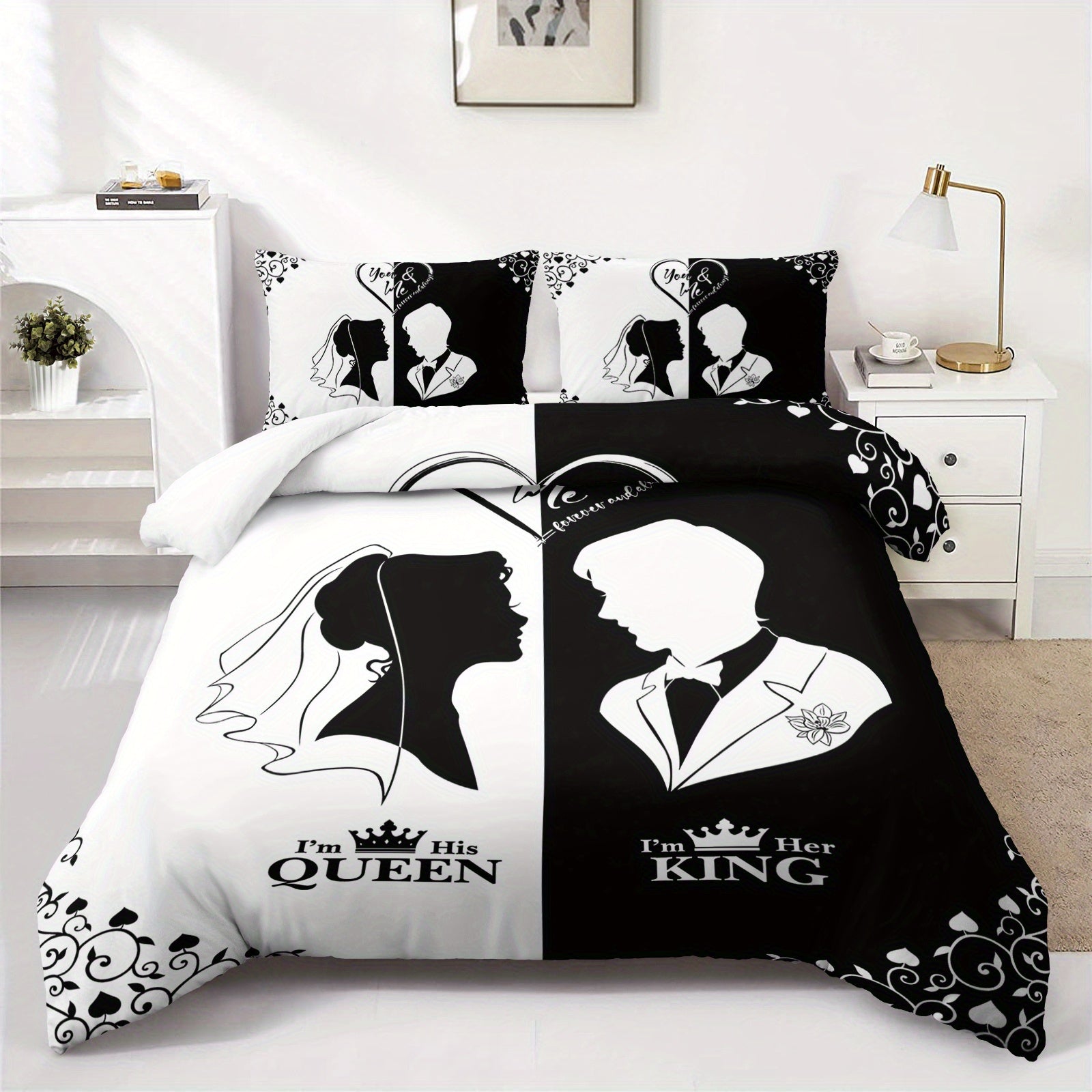 3pcs Black White Couple Silhouette Duvet Cover King Queen Bedding Set Wedding Bedroom Decor Four Seasons (1Duvet Cover + 2Pillowcase NO Comforter)