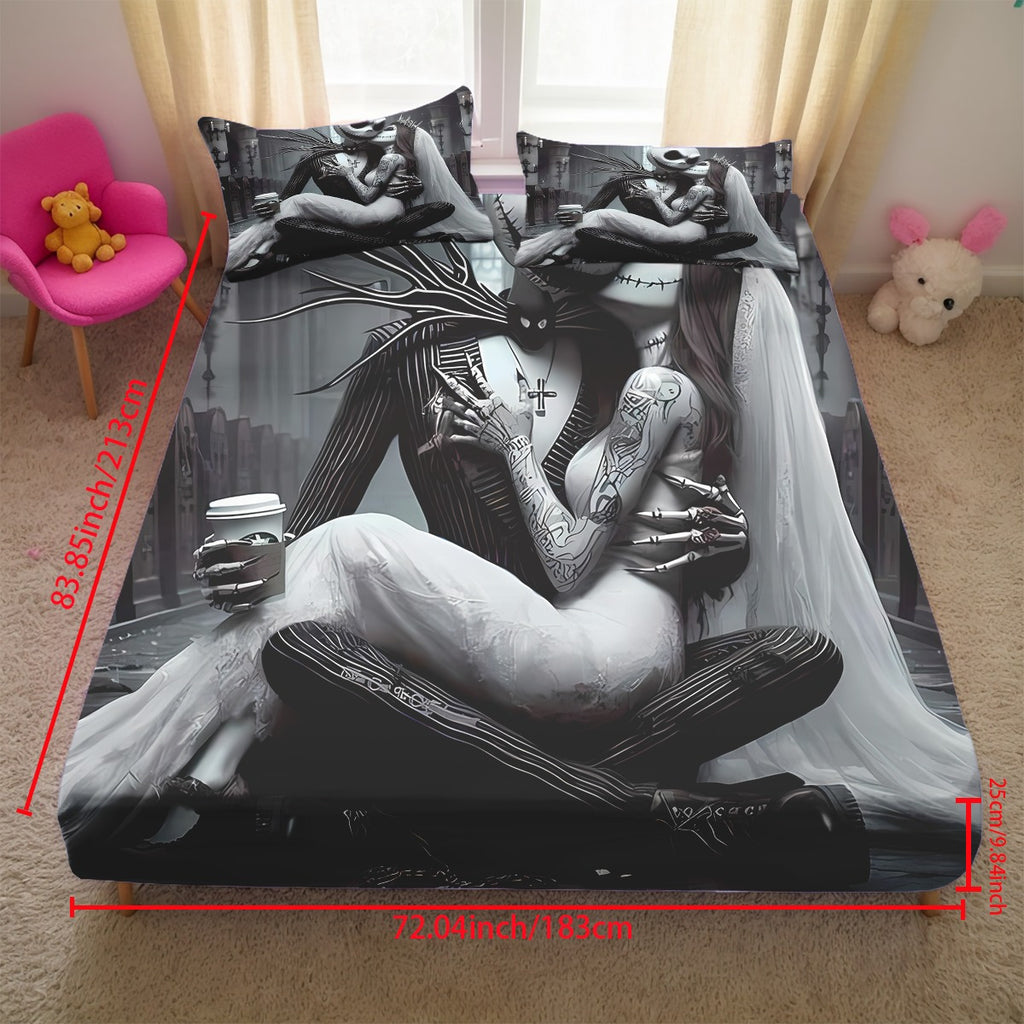 3pcs Disney Jack and Sally themed fitted sheet set for bed bedroom decor design unique art couple love story (1*Fitted Sheet+2*Pillowcase, Without Core), Suitable for Bedding Decoration Mattress Cover Set