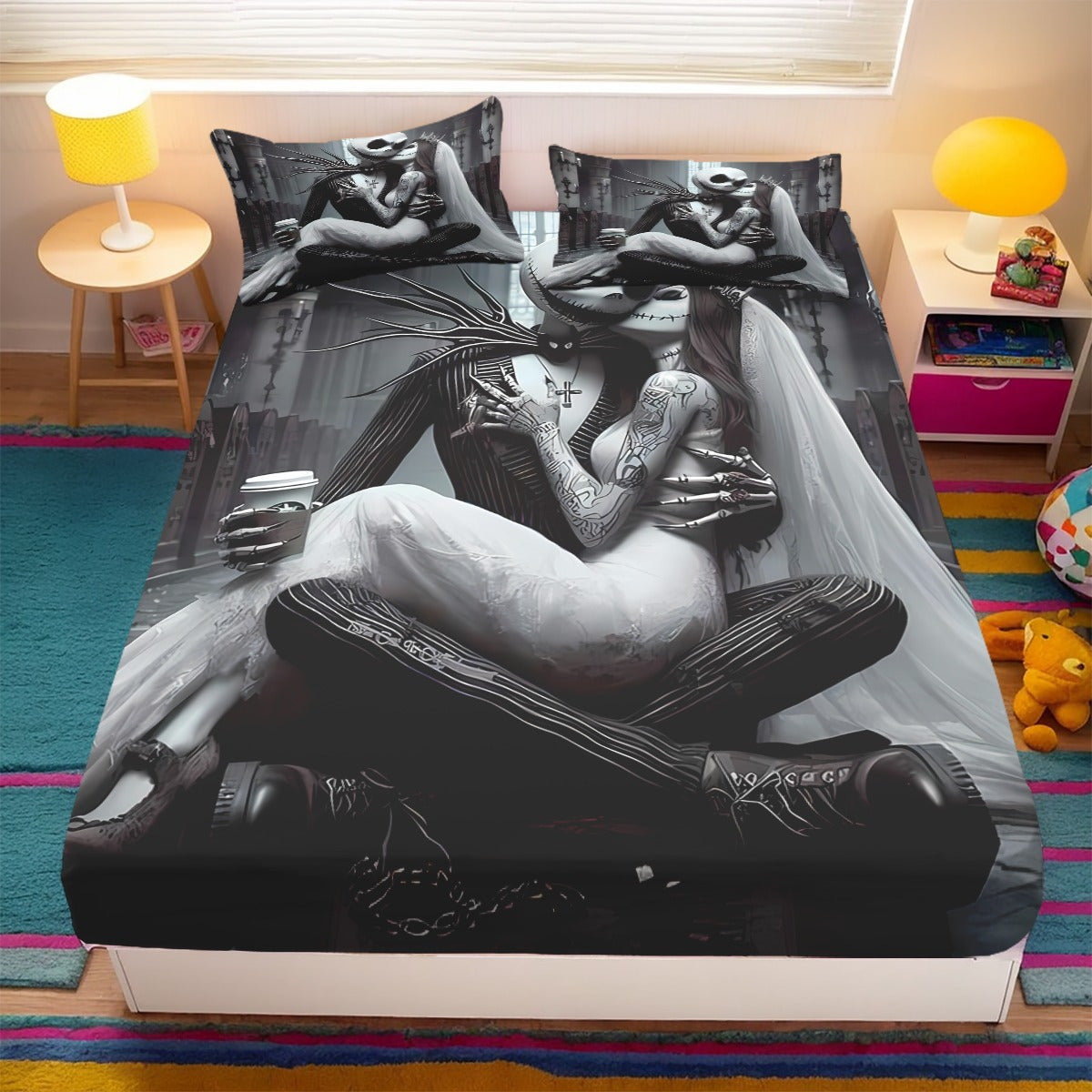 3pcs Disney Jack and Sally themed fitted sheet set for bed bedroom decor design unique art couple love story (1*Fitted Sheet+2*Pillowcase, Without Core), Suitable for Bedding Decoration Mattress Cover Set