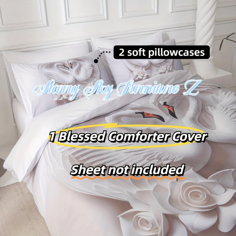 3pcs White Rose Quilt Set, 3D White Swan Lovers Love Bedding Set, Romantic Rose Print Lovers Bedding, 1 Quilt Cover And 2 Pillowcases, Romantic Love Cool And Comfortable Machine Washable