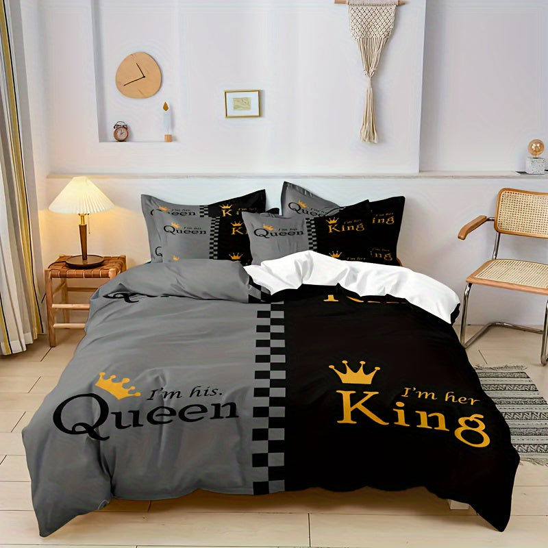 3pcs Valentine's Day Duvet Cover Set - "KING & QUEEN" Crown Design in Black & Gray, Soft & Breathable Polyester, Includes 1 Duvet Cover and 1/2 Pillowcases, Zip Closure, Machine Washable for All-Season Comfort, Couples Bedding Set|Playful Text